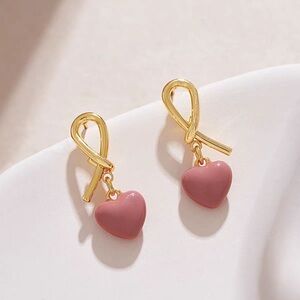 Chic Gold and Pink Heart Drop Earrings
